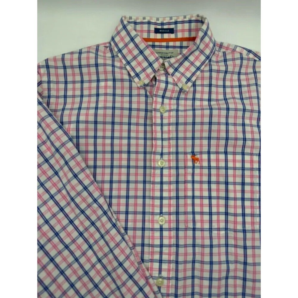 Abercrombie & Fitch Mens Large Muscle Pink Blue Plaid Long Sleeve Button Up‎